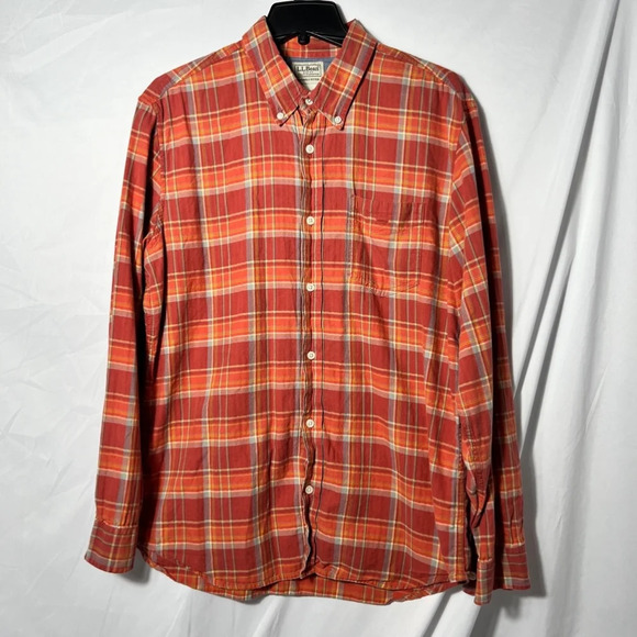L.L.Bean Button Down Plaid Men’s Shirt, Size L, Red‎ Orange - Picture 1 of 5